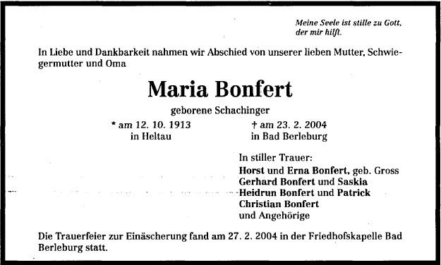 Schachinger Maria 1913-2004 Todesanzeige